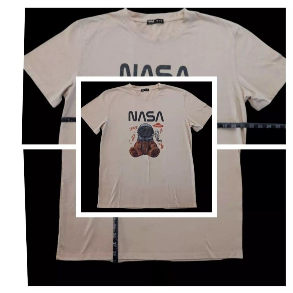 NASA Graphic Tee Size XL Tan Space Astronaut Teddy Bear UFO Science